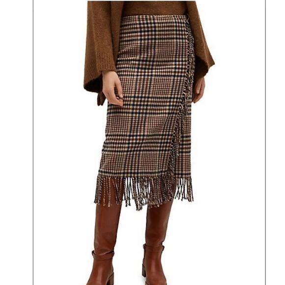 NEW Mango Checked Fringed Wool Midi Skirt Medium Academia - Picture 1 of 6